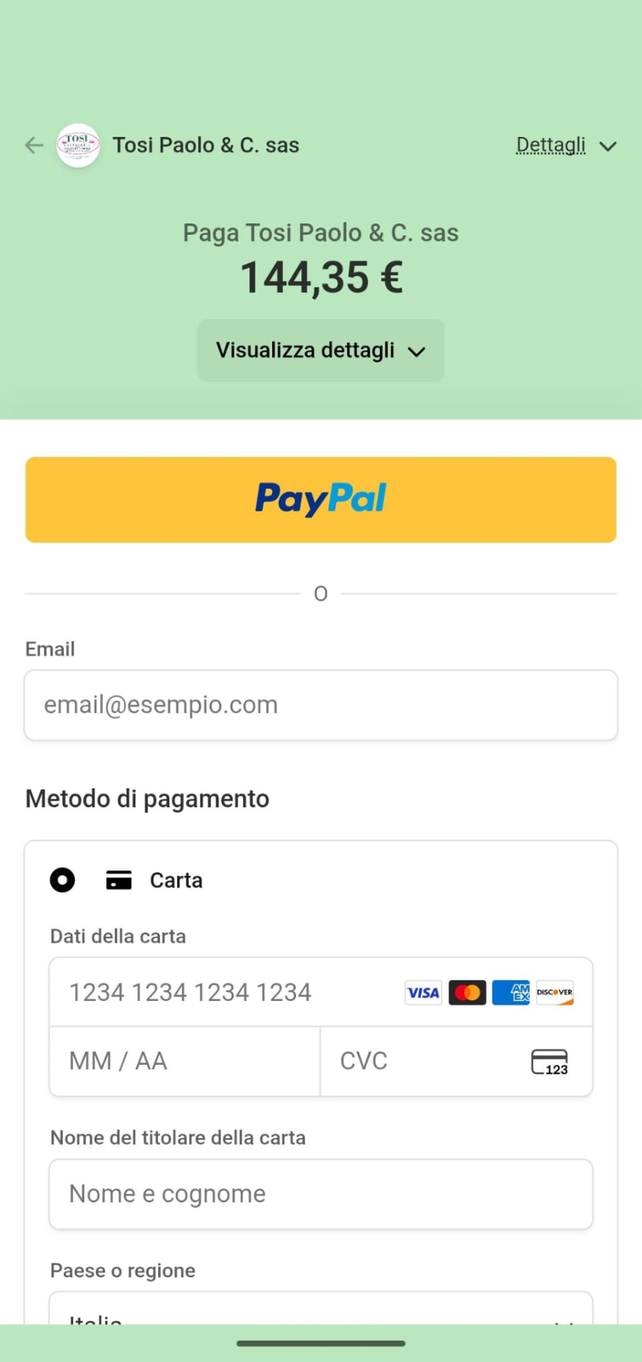 Schermata TosiScuola: checkout sicuro per pagare l'ordine