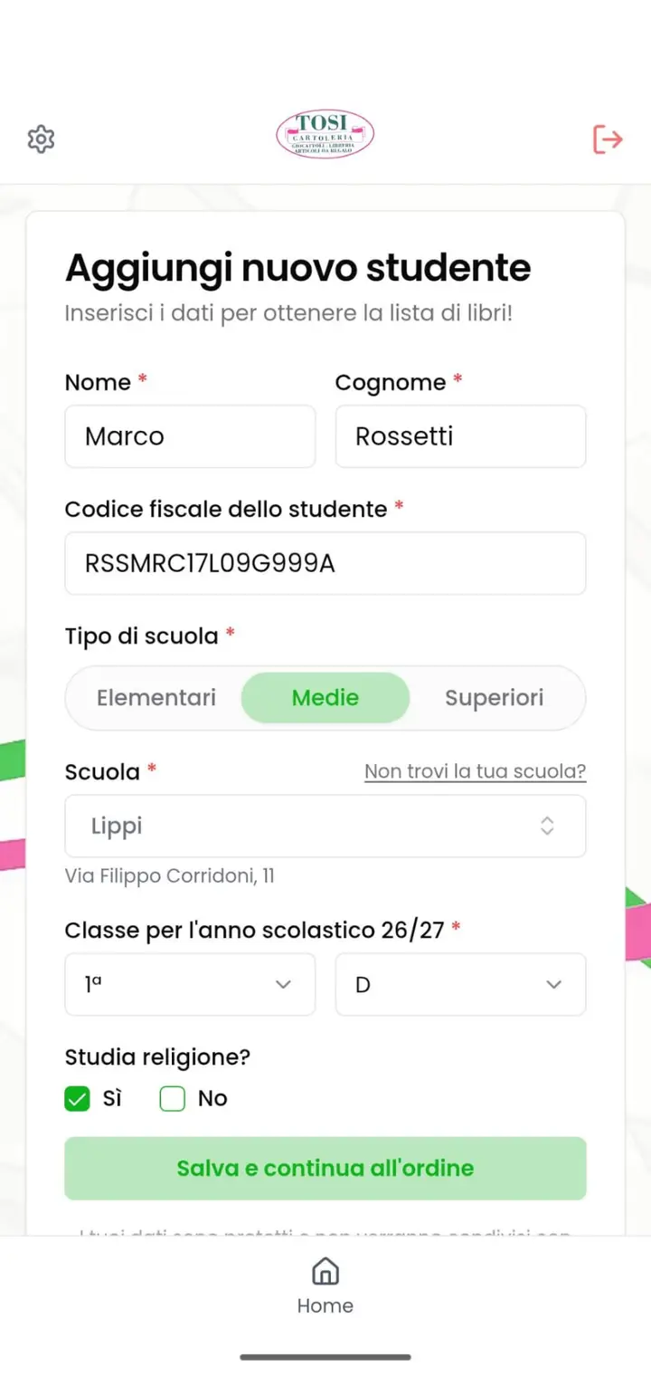 Schermata TosiScuola: form per aggiungere un nuovo studente