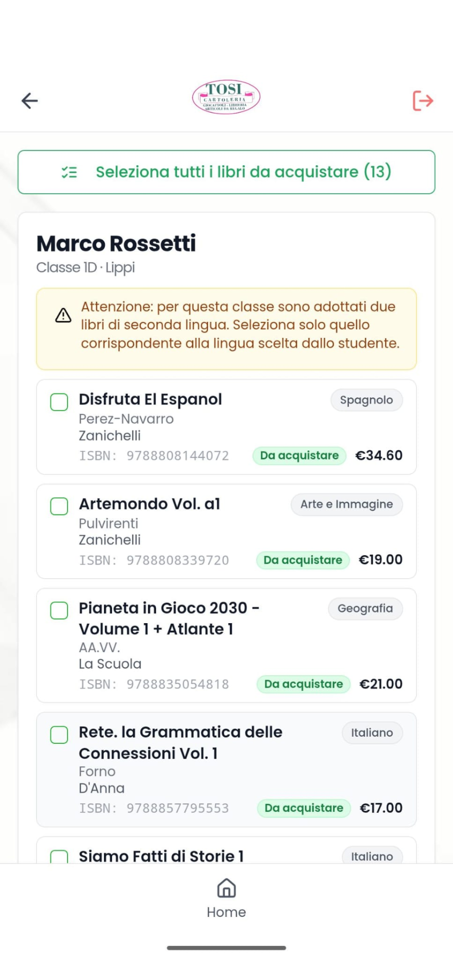 Schermata TosiScuola: lista dei libri adottati pronta da selezionare