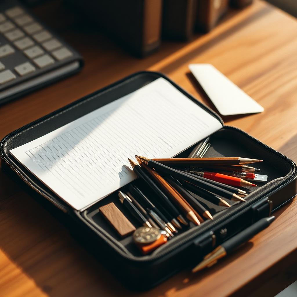 Astuccio aperto con penne, matite e piccoli accessori