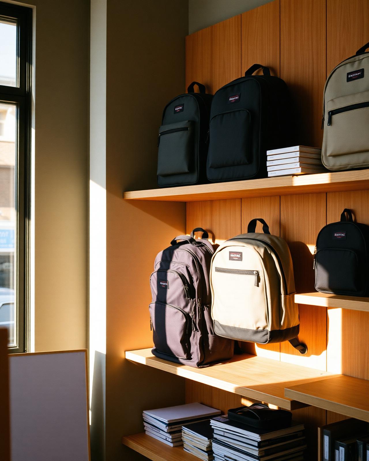 Zaini e materiale scolastico esposti sugli scaffali della Cartoleria Tosi